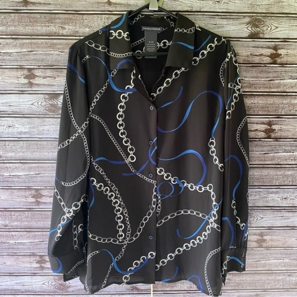 Chelsea & Theodore Women's Long-Sleeved Button-Down Top Size XL Black Chain